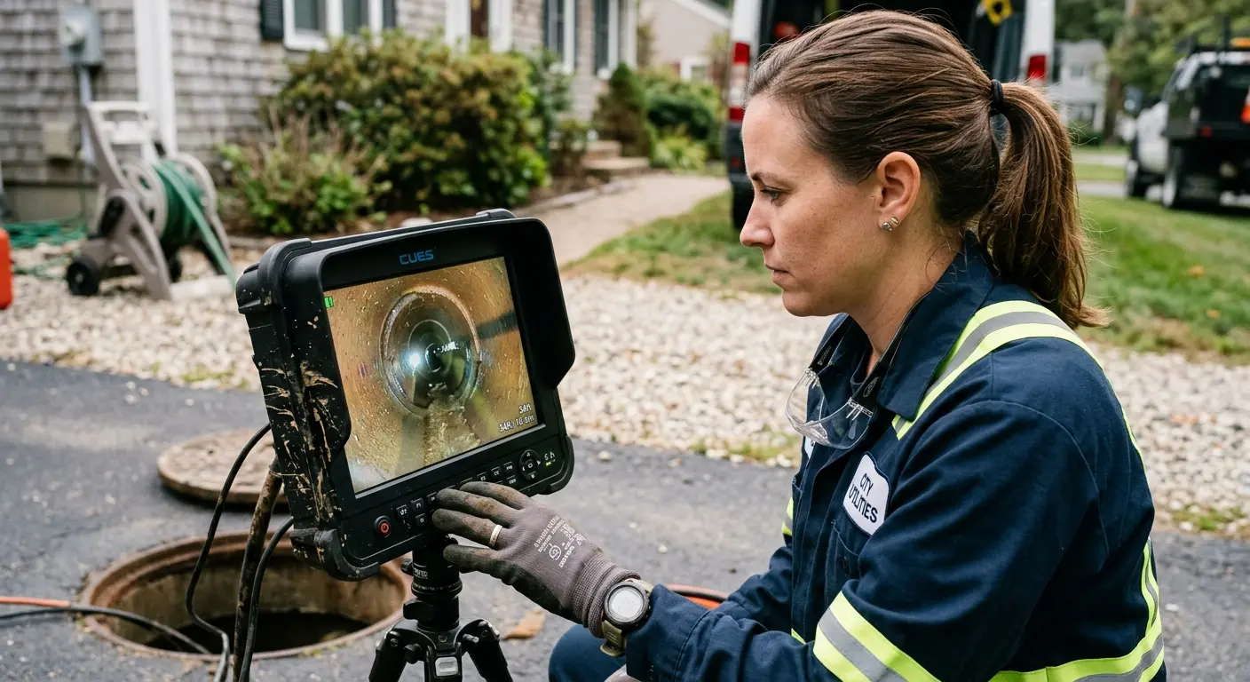 Technician reviewing sewer camera inspection footage in Kahaluu-Keauhou